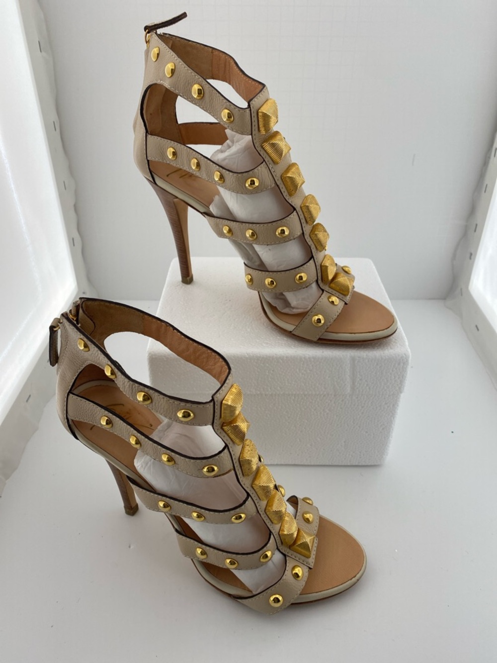 Vero Cuoio Beige and Gold Studded Strappy High Heels